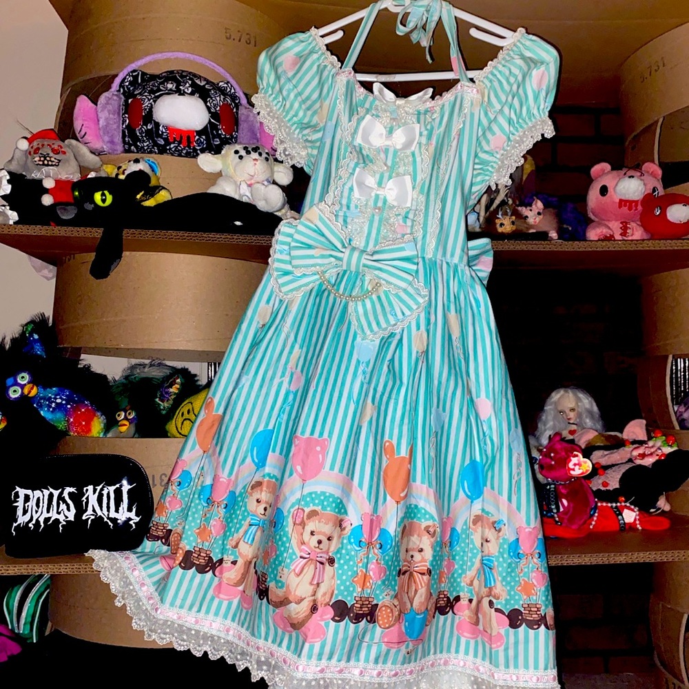 Blue striped with bear and corset back Lolita Vintage cottage gore dress S/M